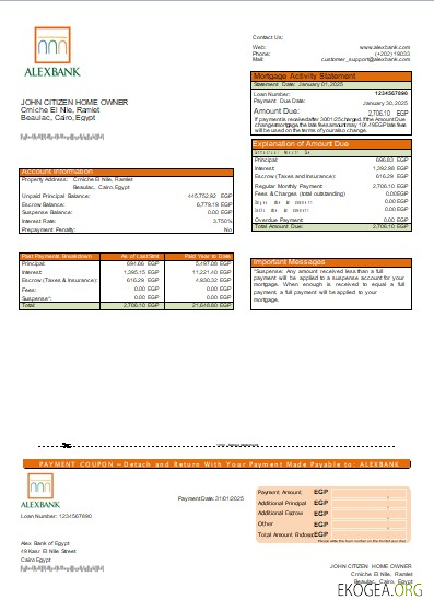Egypte Alex Bank of Egypt relevé d'hypothèque bancaire scr